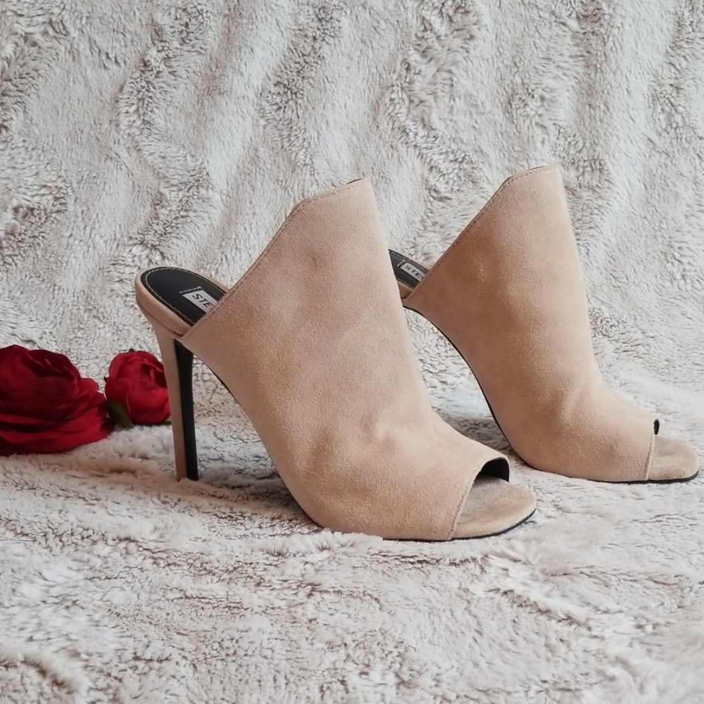 Nude suede high heel open toe mule
